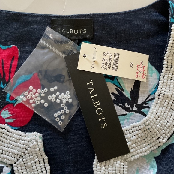 Talbots 100% Linen Beaded Neckline Navy Hibiscus Tropical Floral Tunic Dress XS - Picture 6 of 15